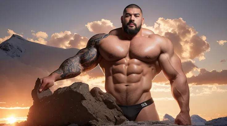 A Chinese bodybuilder， on，the super hot and sexy，Blonde hair, short detailed hair, on a snowy mountain，Sunset lights, Short beard perfect figure with tattoos, Very huge and strong body, Bulging muscles, musculous, Very large pectoral muscles，Very sexy abs，...