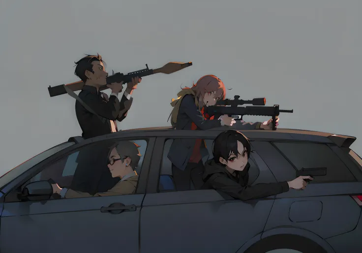 Anime characters sitting in cars，There are guns on it, Guviz-style artwork, Badass anime 8 K, Guviz, author：New Art, author：yanjun cheng, anime machine gun fire, Guweiz in Pixiv ArtStation, Guweiz on ArtStation Pixiv, modern anime style, author：Yoshihiko W...