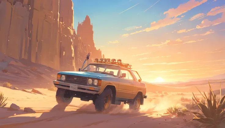 desert，Driving an off-road vehicle，Land of nothingness，A lifeless desert land，with ruins，gold