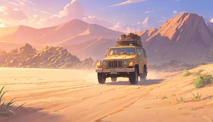 desert，Driving an off-road vehicle，Land of nothingness，A lifeless desert land，with ruins，gold