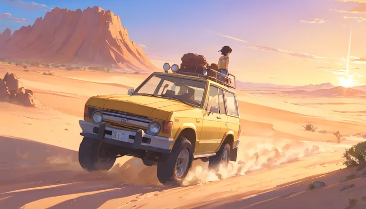 desert，Driving an off-road vehicle，Land of nothingness，A lifeless desert land，with ruins，gold