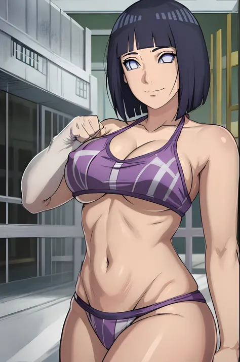 poster, anime style, wrestling ground, (hinata(boruto), (female wrestler), (slender body), mature woman, milf, (bikini, pro wrestling gear) victorious, gorgeous, winner, kind face, smile, closed mouth, pale skin, shiny skin, (dark blue hair color:1.1), wav...