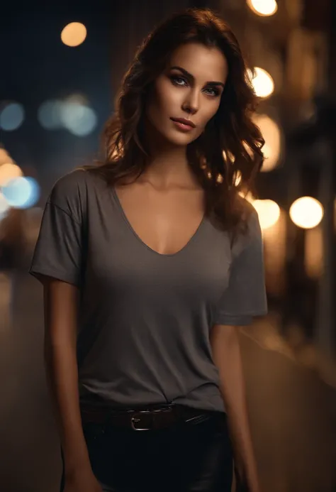 (Best quality, High resolution, Masterpiece :1.3), A pretty woman, Slender figure, Dark brown hair, T-shirt, (Street in city at night), Highly detailed face and skin texture, Detailed eyes, Double eyelid