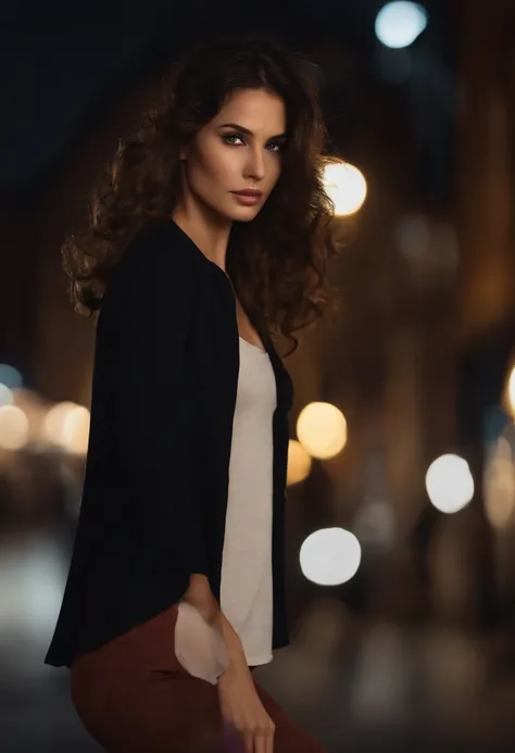 (Best quality, High resolution, Masterpiece :1.3), A pretty woman, Slender figure, Dark brown hair, T-shirt, (Street in city at night), Highly detailed face and skin texture, Detailed eyes, Double eyelid