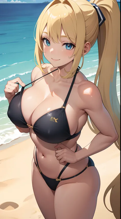 (best quality:1.5, highres, UHD, 4K, detailed lighting, shaders), blonde ponytail, large breasts, bikini, thighs, standing, (pov, close shot), smiling, beach background