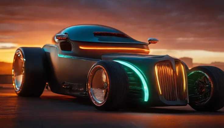 a 3/4 front view of ((futuristic cyberpunk hotrod zeekars)) (with glowing tires), next to ((gal gadot)), at the parking lot, sunset