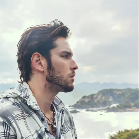 an award-winning photograph of a (handsome man: 1.5 ), detailed, trend in Artstation, black suit, chestnut, brown eyes, sports body, messy hair, wet hair, light long hair, necklace, man, extreme realistic, high quality, very detailed, dramatic lighting, di...