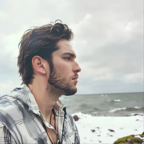 an award-winning photograph of a (handsome man: 1.5 ), detailed, trend in Artstation, black suit, chestnut, brown eyes, sports body, messy hair, wet hair, light long hair, necklace, man, extreme realistic, high quality, very detailed, dramatic lighting, di...