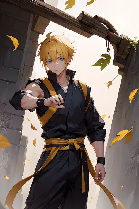 (((high detail))), best quality, 1 man, young man, naruto but with minato hairstyle, shinobi, ninja, dynamic pose, masterpiece, dynamic angle, falling leaves