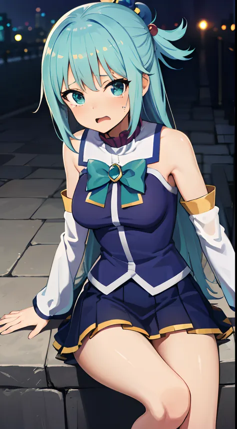 (masutepiece, Best Quality:1.2), Solo, 1girl in, , Looking at Viewer,hair rings, Blue shirt, Bow, Detached sleeves, Skirt, thighs thighs thighs thighs, Bare shoulders,aqua, aqua eyes, aqua hair, hair bobbles, Hair Ornament, hair rings, Long hair,Crying fac...