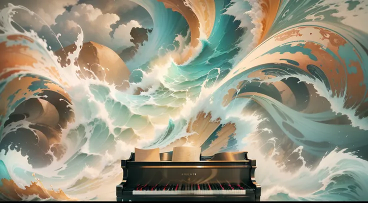 piano against the background of raging waves, smiling face, multi-colored water ink, multi-colored ink, white ink cloud, art by alberto ceveso, freestyle, intricate details, cinematic lighting, octane rendering, volumetric lighting --style Fantasy