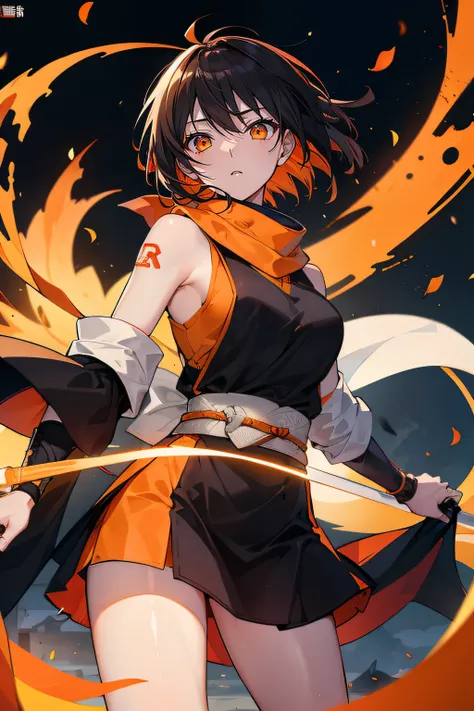 Best quality logo with the letter R、shinobi、One girl、Orange muffler fluttering in the wind、A dark-haired、Orange Eyes、short-hair