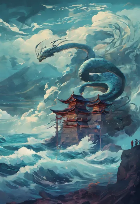 China-style，Chinese mythology，Xuanwu，faucet，Turtle body，Heavy tortoiseshell shell，The tail of the snake grows out，has horns on its head，tosen，Ferocious，gargantuan，The eyes glow blue light，the sea，Huge waves，surrounded by cloud，中景 the scene is，Full body lik...