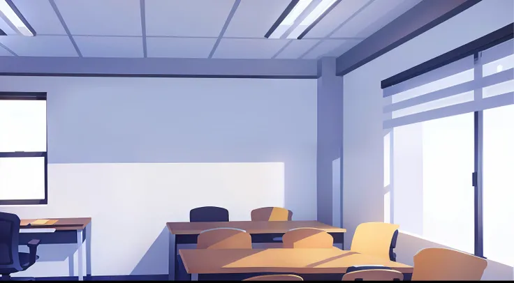 Office Wall、white desk、Lots of chairs、window、window shade、Stable composition、No person