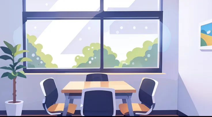 Office Wall、white desk、Lots of chairs、window、window shade、Stable composition、No person