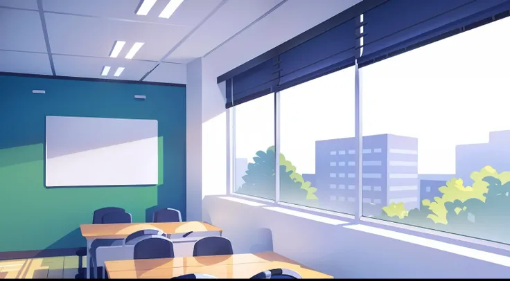 Office Wall、white desk、Lots of chairs、window、window shade、Stable composition、No person