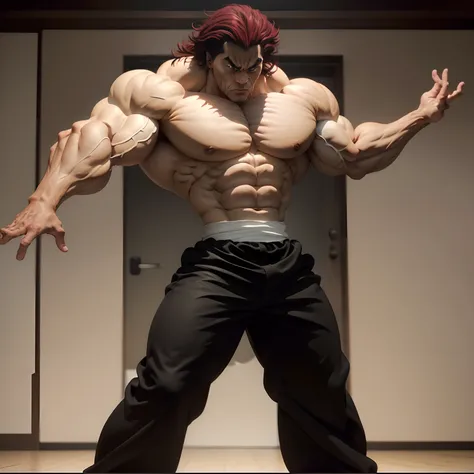 Yujiro Hanma, 1man, male face, Solo, black shirt, muscular man, red hair, strong musculature, black pants, black slippers, veins, pupils, brown eyes, neutral pose, the two arms raised, ((masterpiece)) ((perfectionism))