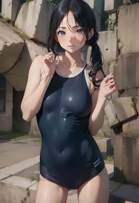 ((top-quality))、((​masterpiece))、1girl in、Formal-up、beautiful detailed eyes and face、pretty skin、a very cute、22year old、School swim wear(Dark blue color、Simple design、Matte texture、Wrinkle、Wet、Polyester material、A black、shadings、)Wet body、Anime Face、Beauti...