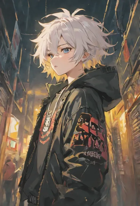 pale skinned athletic male with messy white hair hanging over his face, wearing punk jacket, wearing punk pants, wearing collar, has pointed pierced ears, grungy, solo, alone