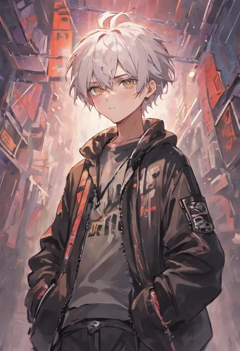 pale skinned athletic male with messy white hair hanging over his face, wearing punk jacket, wearing punk pants, wearing collar, has pointed pierced ears, grungy, solo, alone