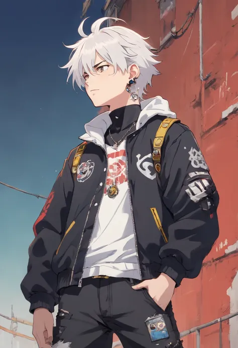 pale skinned athletic male with messy white hair hanging over his face, wearing punk jacket, wearing punk pants, wearing collar, has pointed pierced ears, grungy, solo, alone