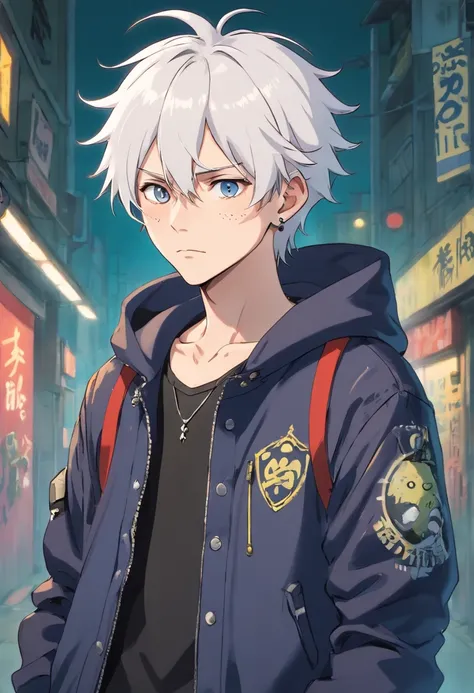 pale skinned athletic male with messy white hair hanging over his face, wearing punk jacket, wearing punk pants, wearing collar, has pointed pierced ears, grungy, solo, alone