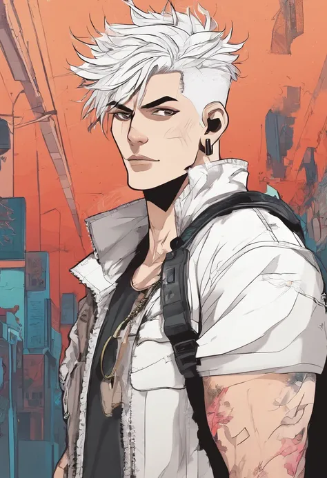 pale skinned athletic male with messy white hair hanging over his face, wearing punk jacket, wearing punk pants, wearing collar, has pointed pierced ears, grungy, solo, alone