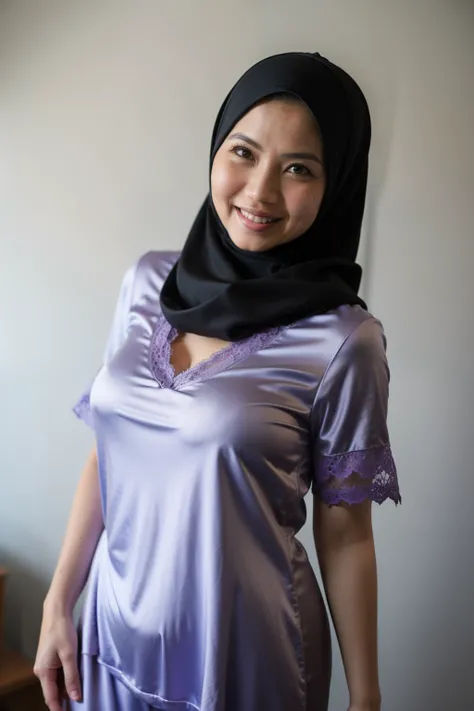 Matured Malay women in hijab wearing sexy satin lace lilac color pajamas portrait photography, 35 years old, mid shot photo, ultra detail, professional photograph with professional lighting, smile, light blue studio background, sexy seducing pose, curvy,