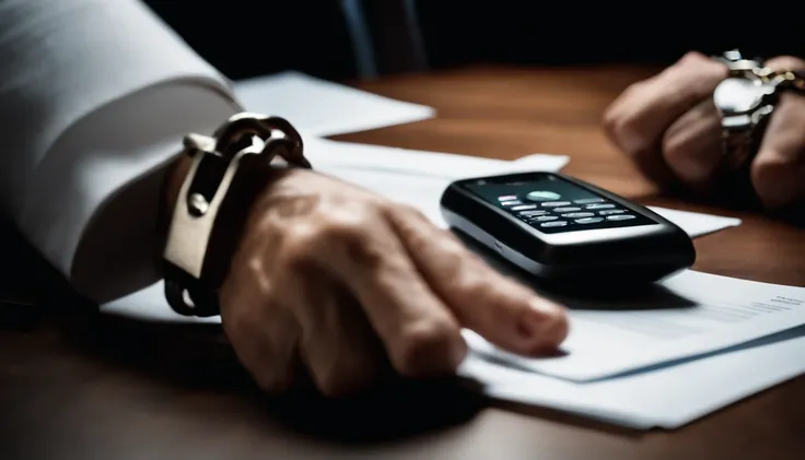 (a pair of hands), (handcuffed), holding a phone, (phone display showing confidential documents), in a (courtroom) background, (best quality:1.2), (ultra-detailed), (realistic:1.37), portraits, (high contrast), (dramatic lighting), (vivid colors), (bokeh)