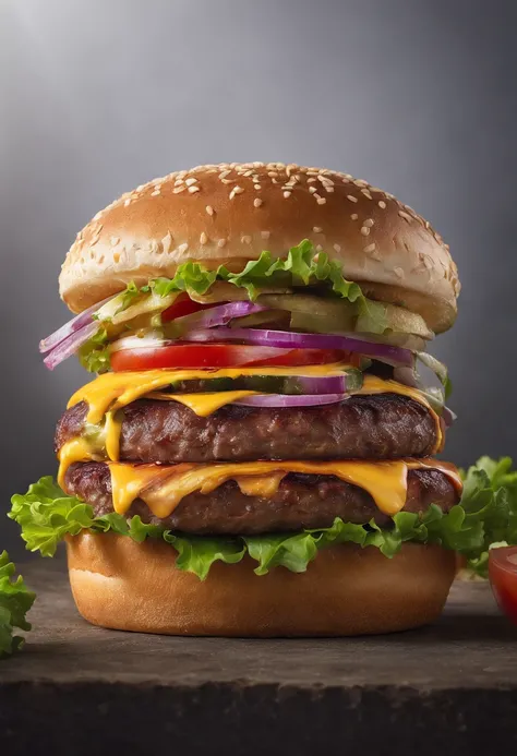 um hamburguer delicioso, cinemactic, fotografia profissional, studio illumination, studio background, advertising photography, detalhes intrincados, hiper-detalhado, ultra realista, 8K UHD