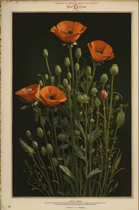 Vintage Victorian style, Precise botanical encyclopedia (best quality:1.2), (detailed:1.2), (masterpiece:1.2), vintage botanical illustrations of red poppy flowers, poppies