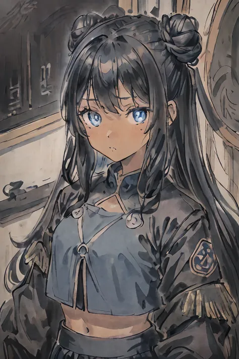 (masterpiece, best quality), 1 girl, deadpan expression, dark tan skin, long black wavy hair with two small half buns, soft blue eyes, wearing a black jacket decorated with a ribbon, a plain black crop top and a plain black skirt, detailed digital anime ar...