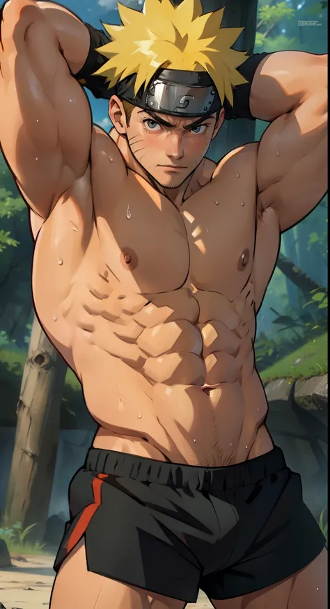 [highest quality photo][ 4k,HD photo quality] huge muscular thigh muscles,he wore tight short shorts that revealed his strong thigh muscles Uzumaki Naruto, lots of sweat flowing down, topless, shirtless, sunny, shiny skin, bodybuilder,  8-pack abs, giant, ...