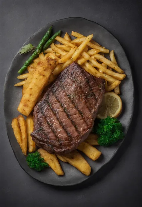 um prato de bife com arroz e batata frita delicioso, cinemactic, fotografia profissional, studio illumination, studio background, advertising photography, detalhes intrincados, hiper-detalhado, ultra realista, 8K UHD