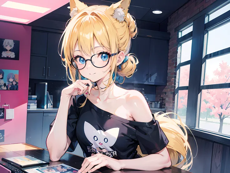 1anime girl, blue eyes, blonde short left side pony bun hair, dog ears and tail, wearing big round glasses, wearing black T-shirt, exposed right shoulder, inside the house, sitting on a desk, playing games, smile, looking at viewer, anime style. 8k, high r...