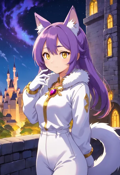 masterpiece, best quality, highres, Blaze The Cat, 1girl, gold necklace, white jumpsuit, animal_ears, closed_mouth, red forehead_jewel, fur-trimmed_gloves, fur_trim, furry, furry_female, gloves, long_sleeves, purple_coat, purple_hair, solo, standing, tied_...