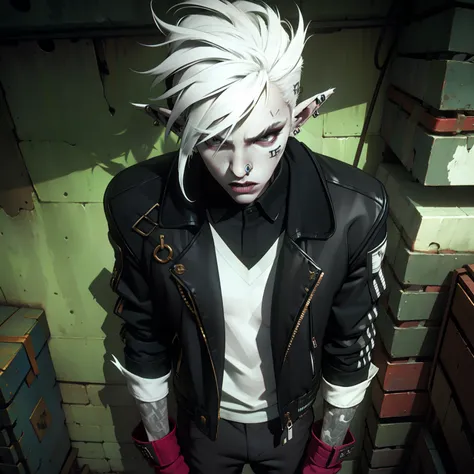 pale skinned athletic male with messy white hair hanging over his face, wearing punk jacket, wearing punk pants, wearing collar, has elf pierced ears, grungy, solo, alone