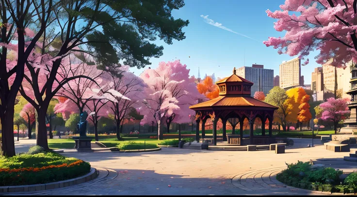 (best quality:1.0), a vibrant park in the middle of a bright cityscape, trees, benches, 1 statue, 1 gazebo, cobblestone paths, c...