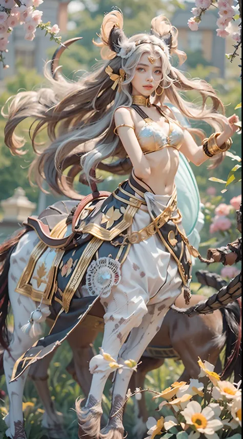 In a very grand scene，The extra-large wide-angle lens captures the appearance of a female centaur。She is tall，It has the ultimate curvy beauty，The muscles are slender and firm，Beautiful lines。She has（Super huge sky blue eyes：99.99），Always with sexy glasses...