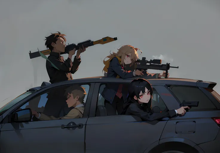 Anime characters sitting in cars，There are guns on it, Guviz-style artwork, Badass anime 8 K, Guviz, author：New Art, author：yanjun cheng, anime machine gun fire, Guweiz in Pixiv ArtStation, Guweiz on ArtStation Pixiv, modern anime style, author：Yoshihiko W...