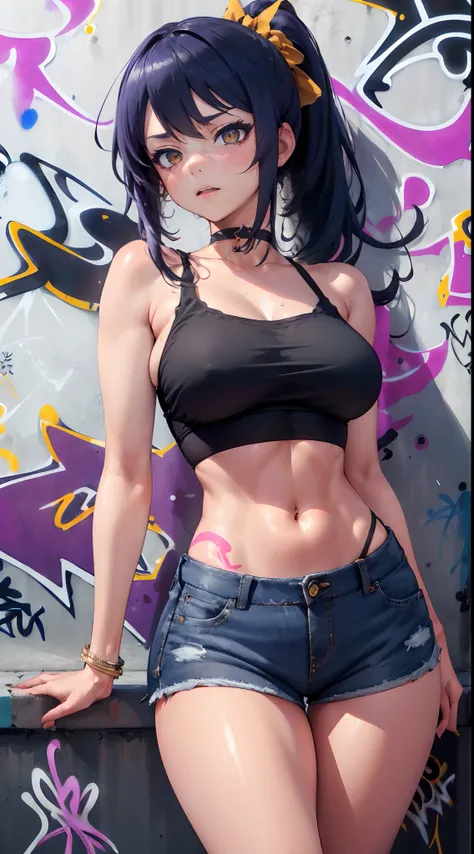 Kujou Sara Genshin Effect, masterpiece, bestquality, 1girls, mediuml breasts, long-haired ,Ponytail, bara, crop top, shorts jeans, choker, (Graffiti:1.5), Splash with purple lightning pattern., arm behind back, against wall, Look at the audience from behin...