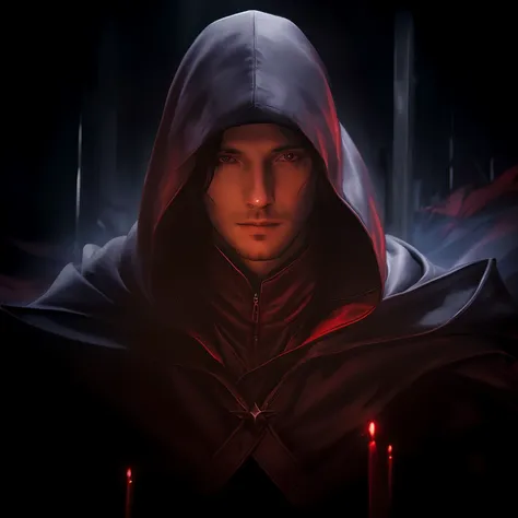 Close-up of a hooded man, dramatic  lighting, red hooded mage, Dark robe, portrait of a red sorcerer, portrait of a mage, Portrait concept art, The Steel Inquisitor of Mistborn