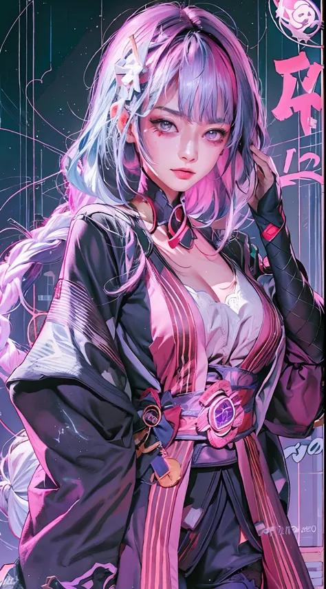 Raiden shogun (genshin impact), 1girl,  hair scrunchie, hime cut, purple hair, colored tips, full moon, grey eyes, jacket, long sleeves, looking at viewer, medium hair, multicolored hair, parted bangs, parted lips, pink hair, portrait, red eyeliner, red li...