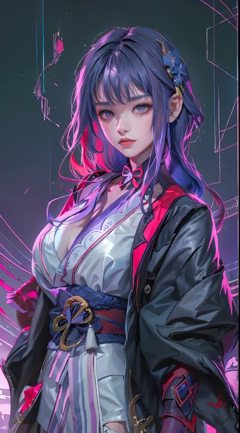 Raiden shogun (genshin impact), 1girl,  hair scrunchie, hime cut, purple hair, colored tips, full moon, grey eyes, jacket, long sleeves, looking at viewer, medium hair, multicolored hair, parted bangs, parted lips, pink hair, portrait, red eyeliner, red li...