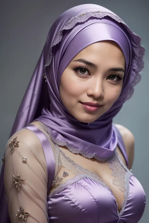 Matured Malay women in hijab wearing sexy satin lace lilac color pajamas portrait photography, 35 years old, mid shot photo, ultra detail, professional photograph with professional lighting, smile, light blue studio background, sexy seducing pose, curvy,