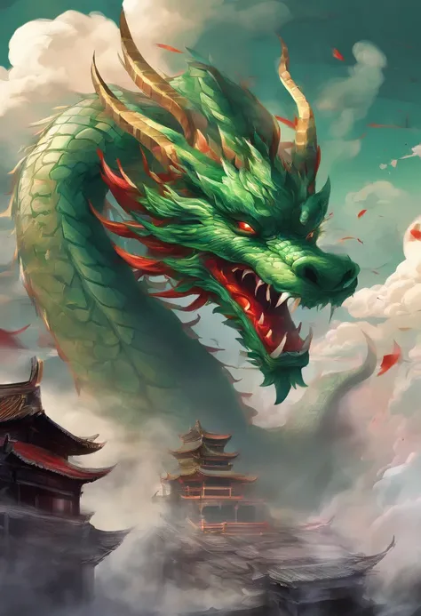 China-style，Chinese mythology，Chinese Green Dragon，tosen，Ferocious，gargantuan，The eyes glow red，Glow effects，surrounded by cloud，Thick clouds，中景 the scene is，Full body like， highly detailed surreal vfx，oc rendered，