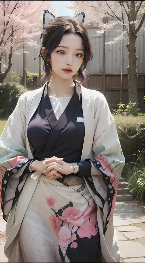 1girl, solo, kochou shinobu, butterfly hair ornament, purple eyes, multicolored hair, short hair, parted bangs, both hands holding the hair at the back of the head, showing armpits, woman, perfect body, perfect breasts, wearing a kimono, wearing earrings, ...