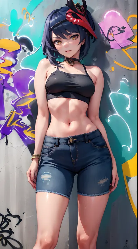 Kujou Sara Genshin Effect, masterpiece, bestquality, 1girls, mediuml breasts, long-haired ,Ponytail, bara, crop top, shorts jeans, choker, (Graffiti:1.5), Splash with purple lightning pattern., arm behind back, against wall, Look at the audience from behin...