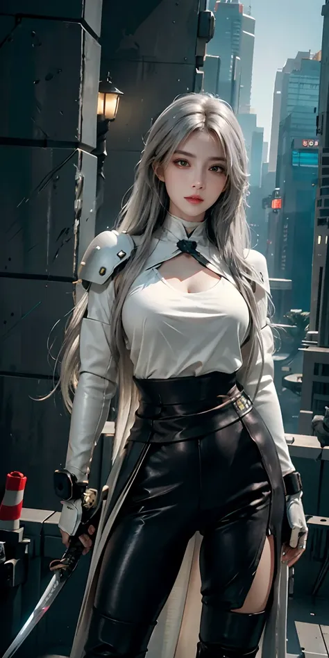 photorealistic, high resolution, soft light,1women, solo, hips up, (detailed face), white long hair, cybersamurai, cyborg, cyberpunk, cyber armor, holding weapon,glowing,katana, city at night