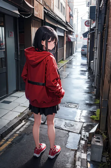 Back alley、Girl in a hood、Wearing a red hoodie、Shoes are black